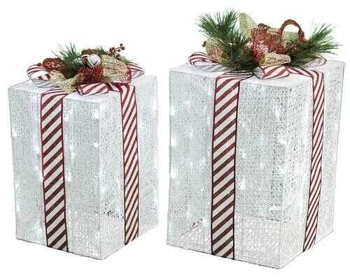 2 Piece Set LED Prelit White Twinkling Gift Boxes Fun Christmas Home Yard Decor