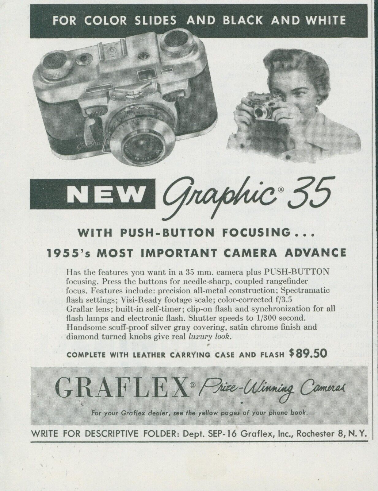 1955 Graflex Graphic 35 Camera Push Button Focus Advance Print Ad SP22