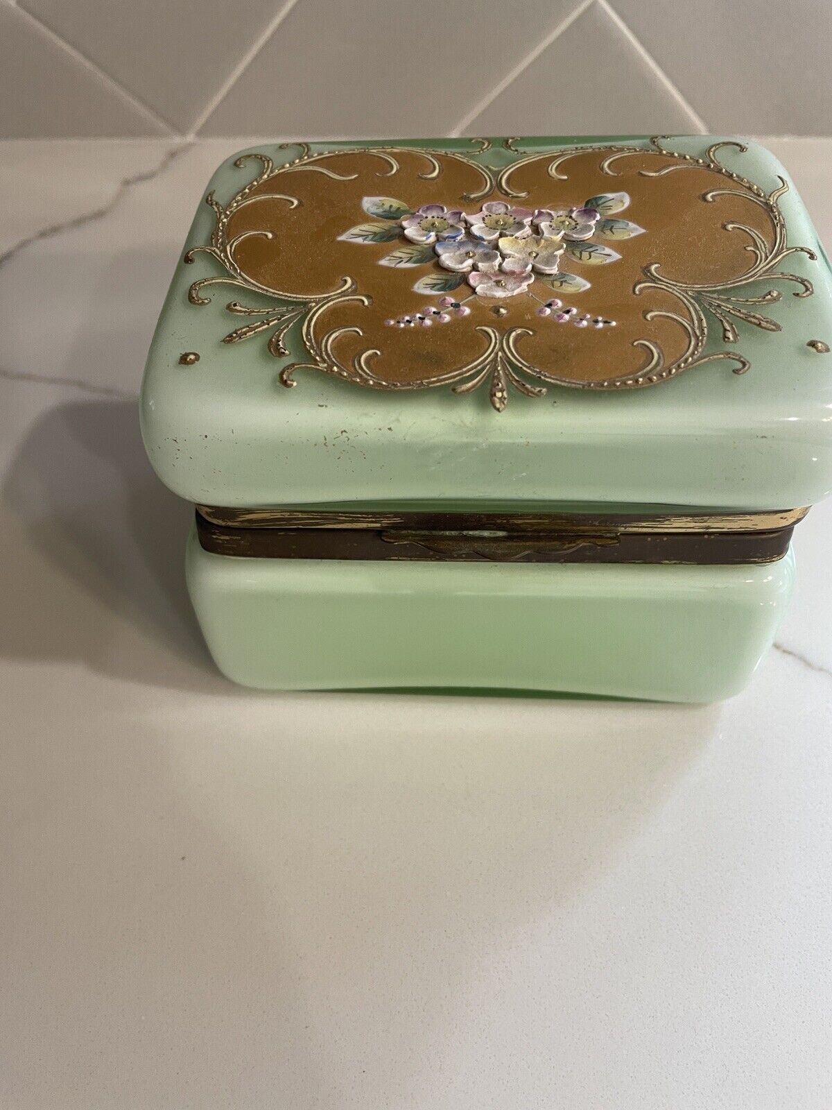 Antique Green Opaline Trinket Box Made In Germany US Zone Brass Accents