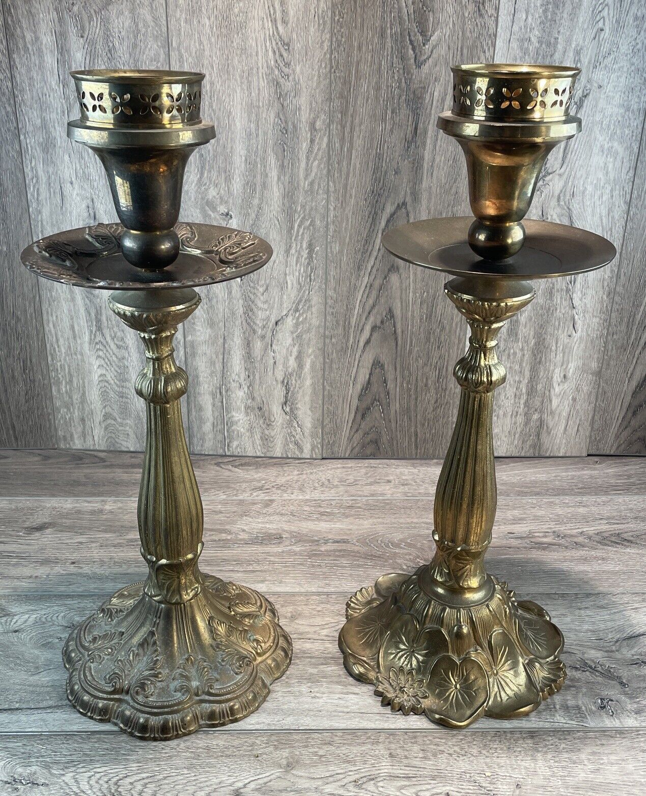 Ornate Floral Unmatched Pair of 2 Heavy Brass  Candlesticks Wedding 20 Inch Tall