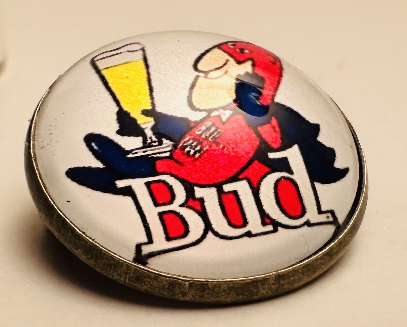 Vintage Bud Man Budweiser Beer Button Brooch Budman Pin Metal/Glass Promotional