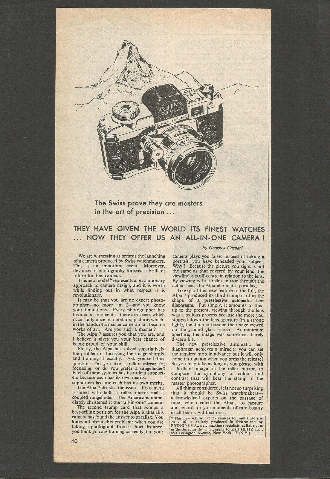 ALPA ALNEA 7 reflex camera - 1955 Vintage Print Ad
