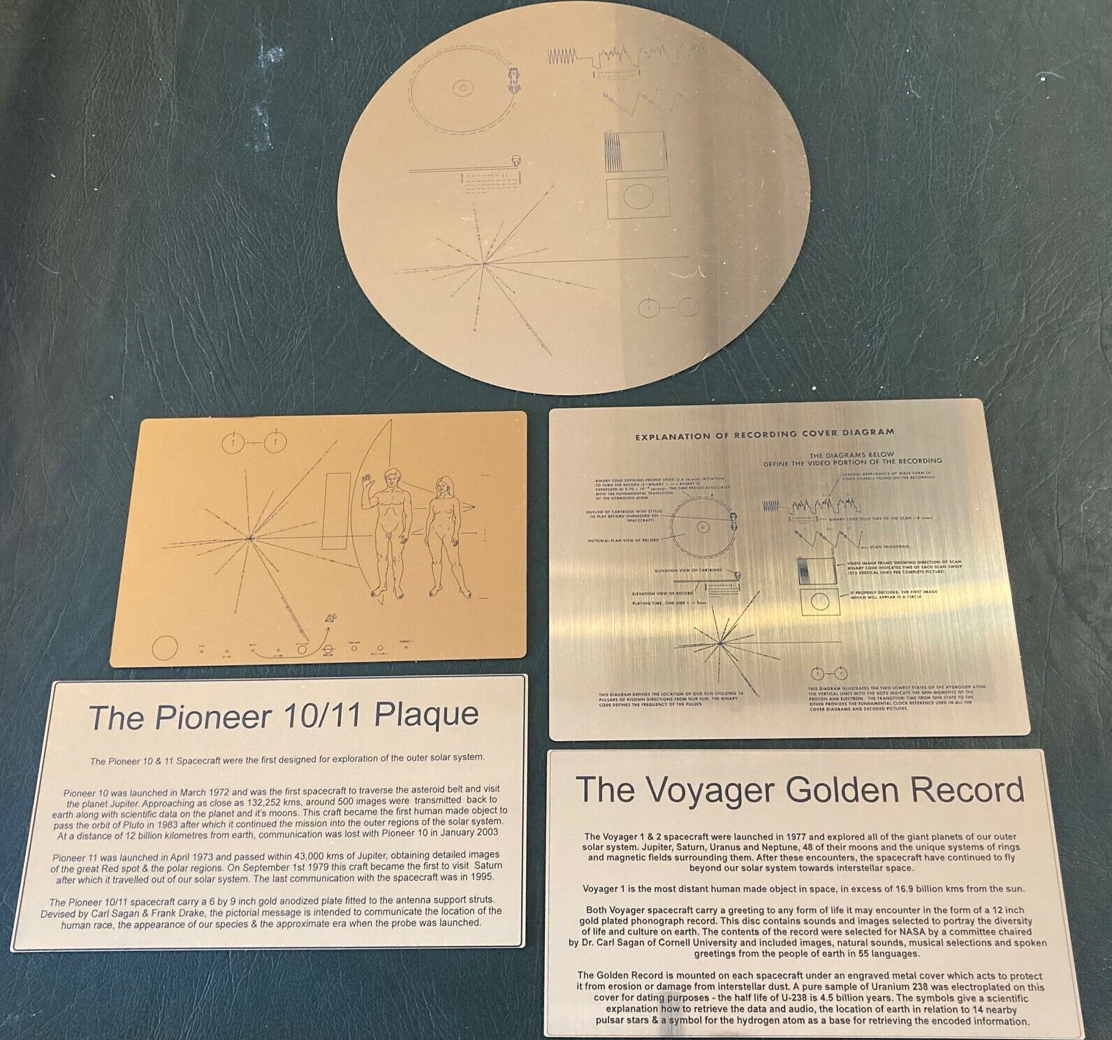 NASA VOYAGER GOLDEN Record + Pioneer plaque METAL with explanation plaques