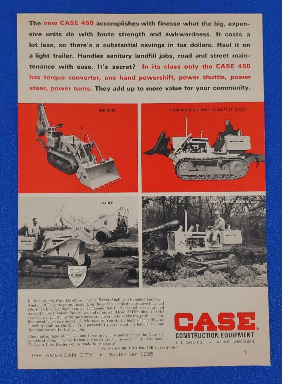 1965 CASE 450 BACKHOE / BULLDOZER ORIGINAL COLOR PRINT AD  LOT S21