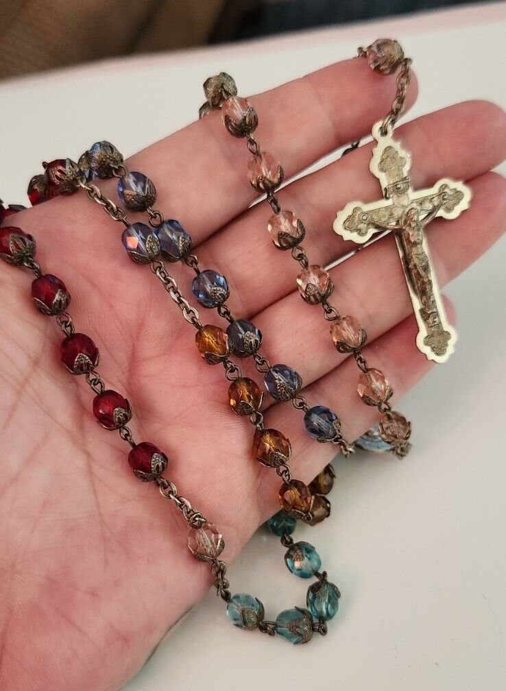 Antique Rosary Made In Italy Gorgeous Glass Beads Rainbow Glass euc