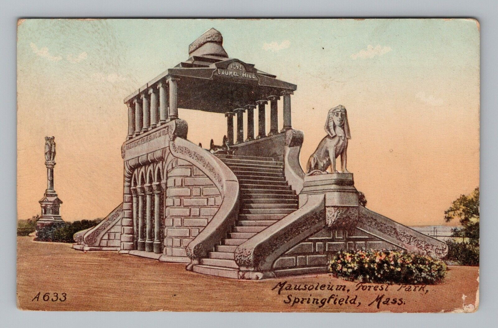 Postcard Springfield Mass Mausoleum Forest Park Statue Stairs Street View MA