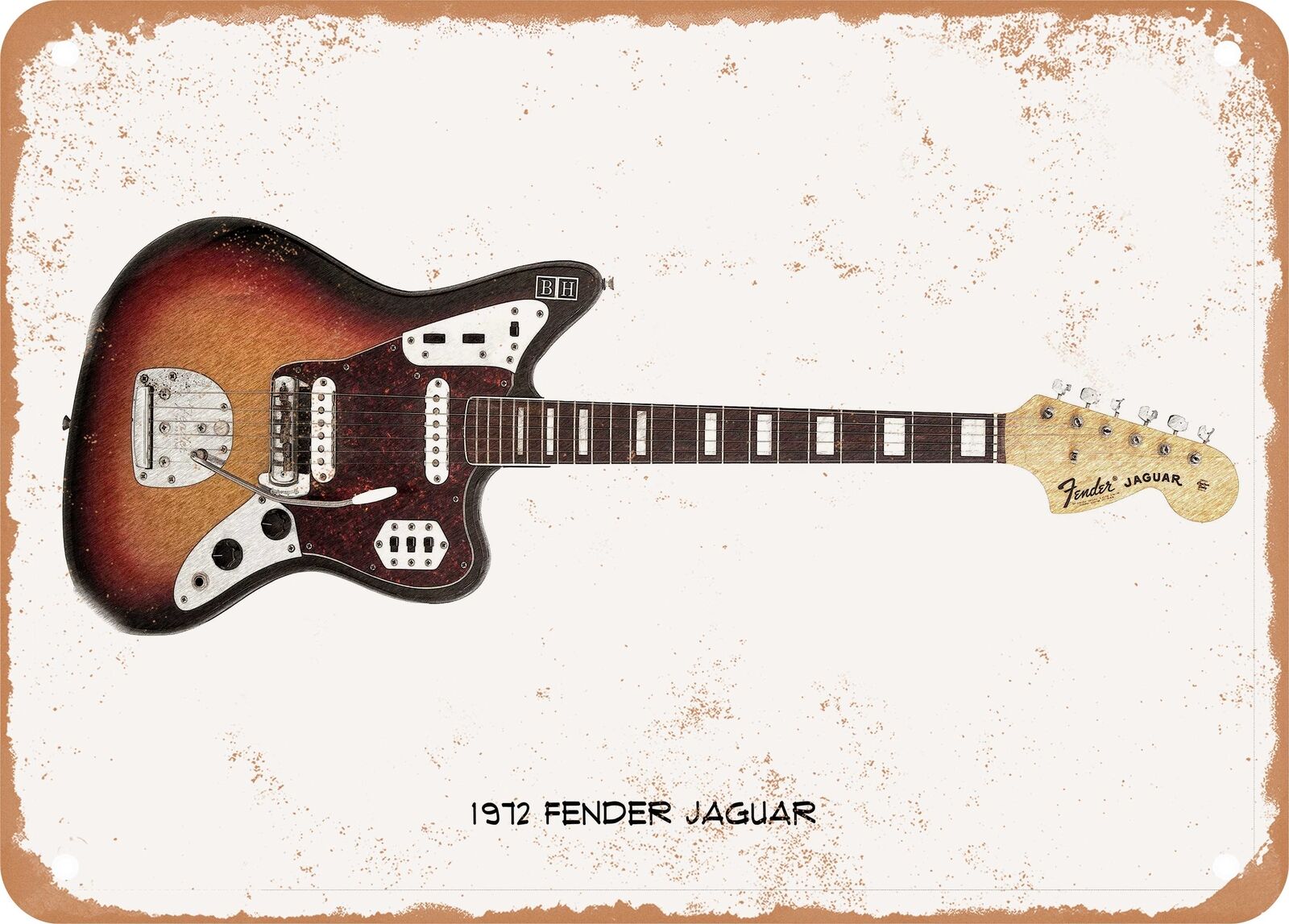 Guitar Art - 1972 Fender Jaguar Pencil Drawing - Rusty Look Metal Sign