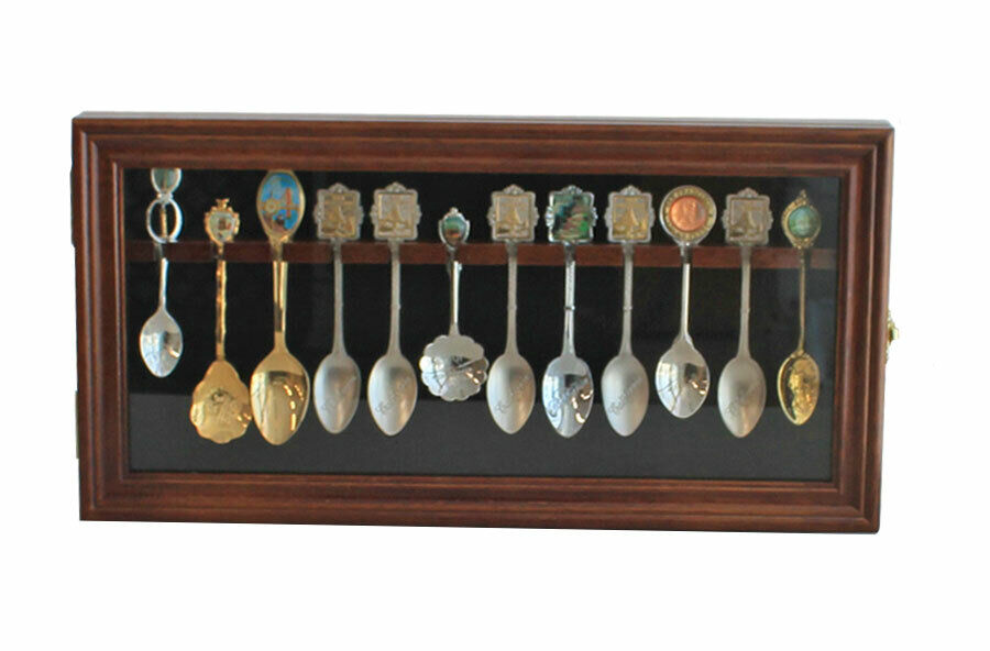 12 Souvenir Spoons Shadow Box Cabinet Rack Wall Display Case  (SP12-WALN)