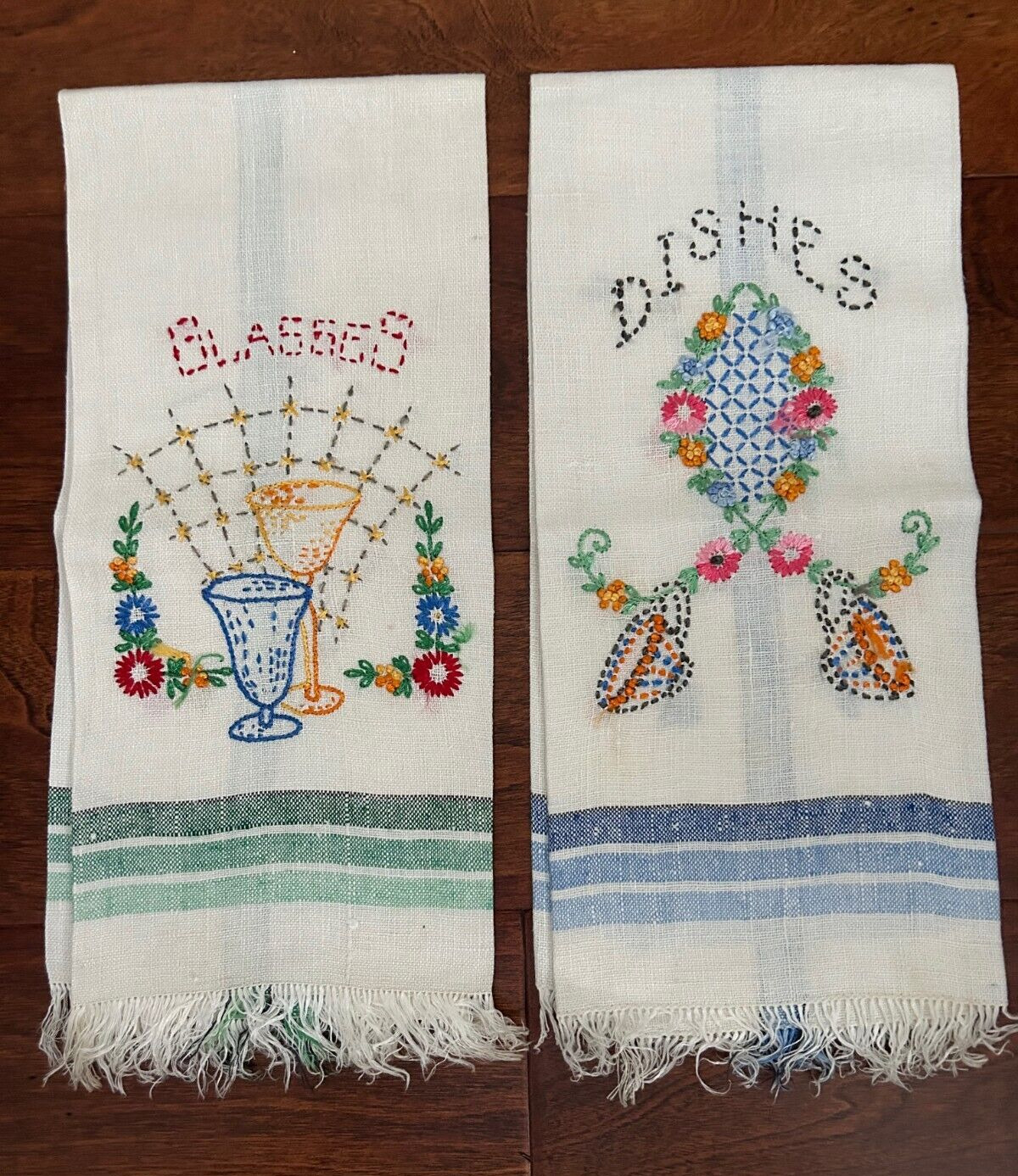 Vintage lot of 2 Dish Towels Embroidered  Glass Dishes Green Blue Linen Striped