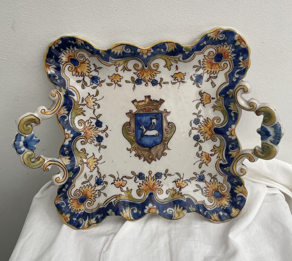 Antique French Faience Desvres Rouen Freres Lannion 1800s Tray 9”+ Handles Plate