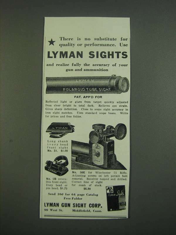 1939 Lyman Sights Ad - Polaroid Tube Sight, No. 31, No. 5B and No. 58E