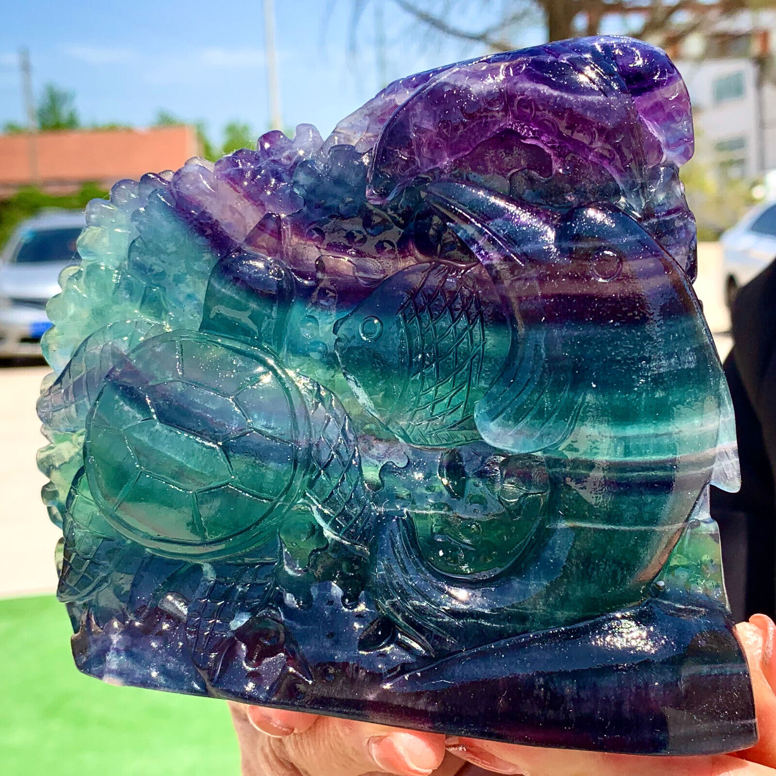 2.9LB Natural colored fluorite hand carved  underwater world treatm