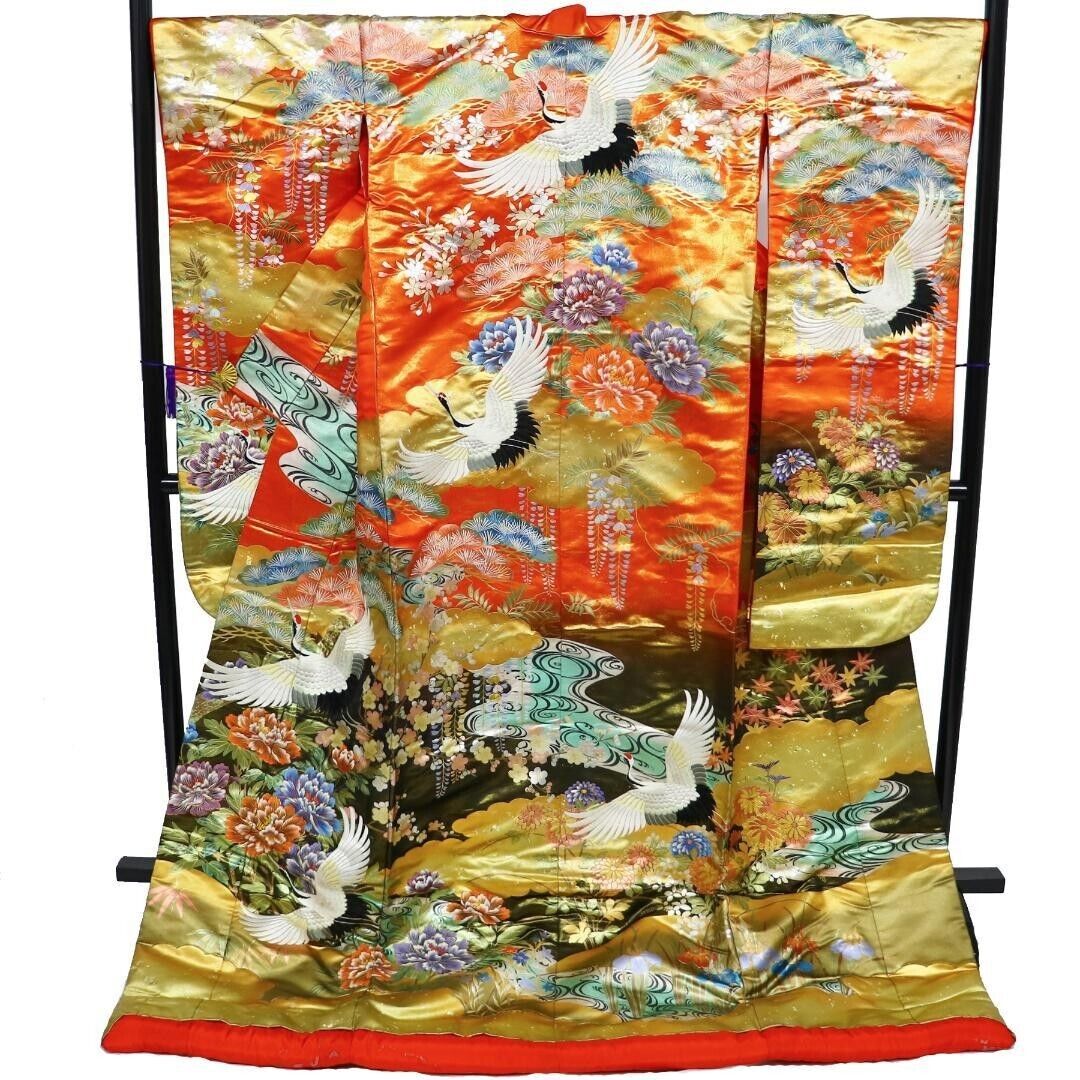 Japanese Silk Kimono Uchikake Vintage Gorgeous wedding Crane and Flower (u27)