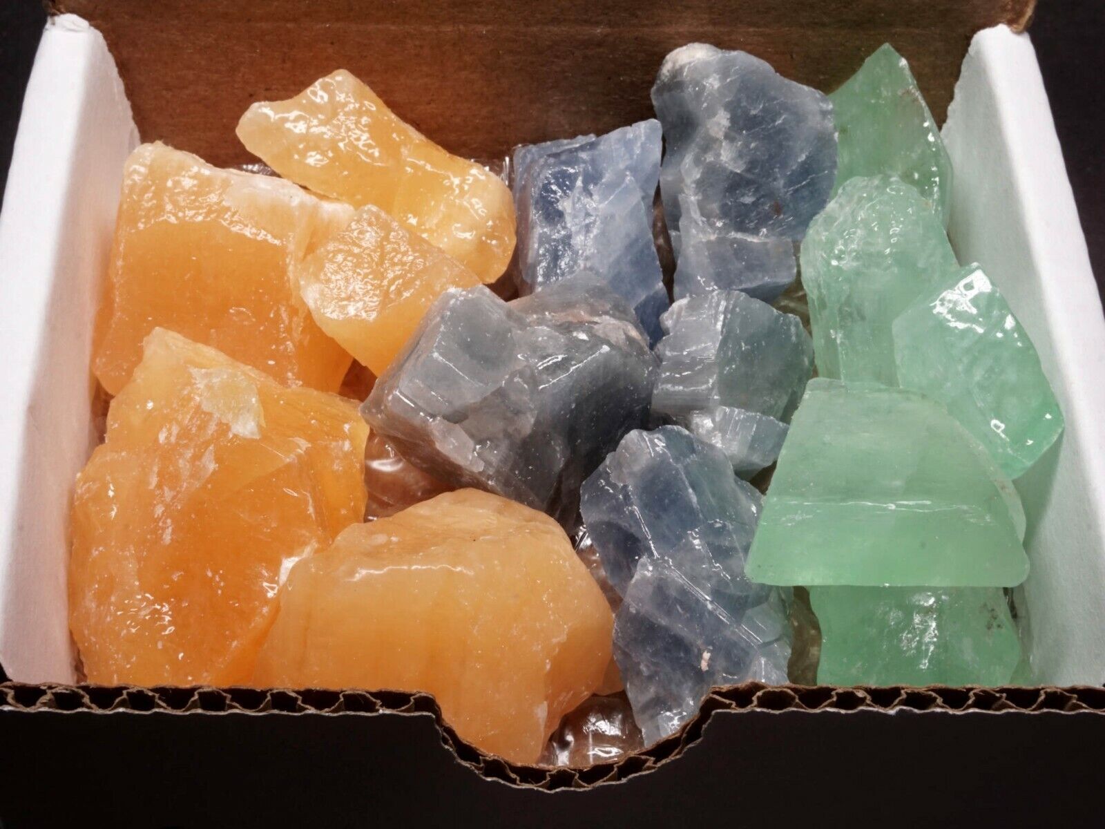 Calcite Box 1 LB Natural Blue Orange Emerald Calcite Raw Crystal Chunks