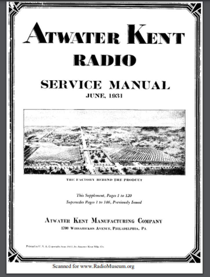 Atwater Kent Radio service manual 1931 45 pgs Comb Bound gloss protective cover