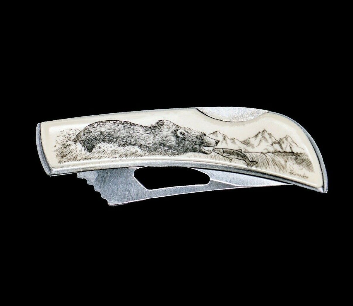 Scrimshaw Bear and Fish Design Stainless Steel Silver Hawk Pocket Knife