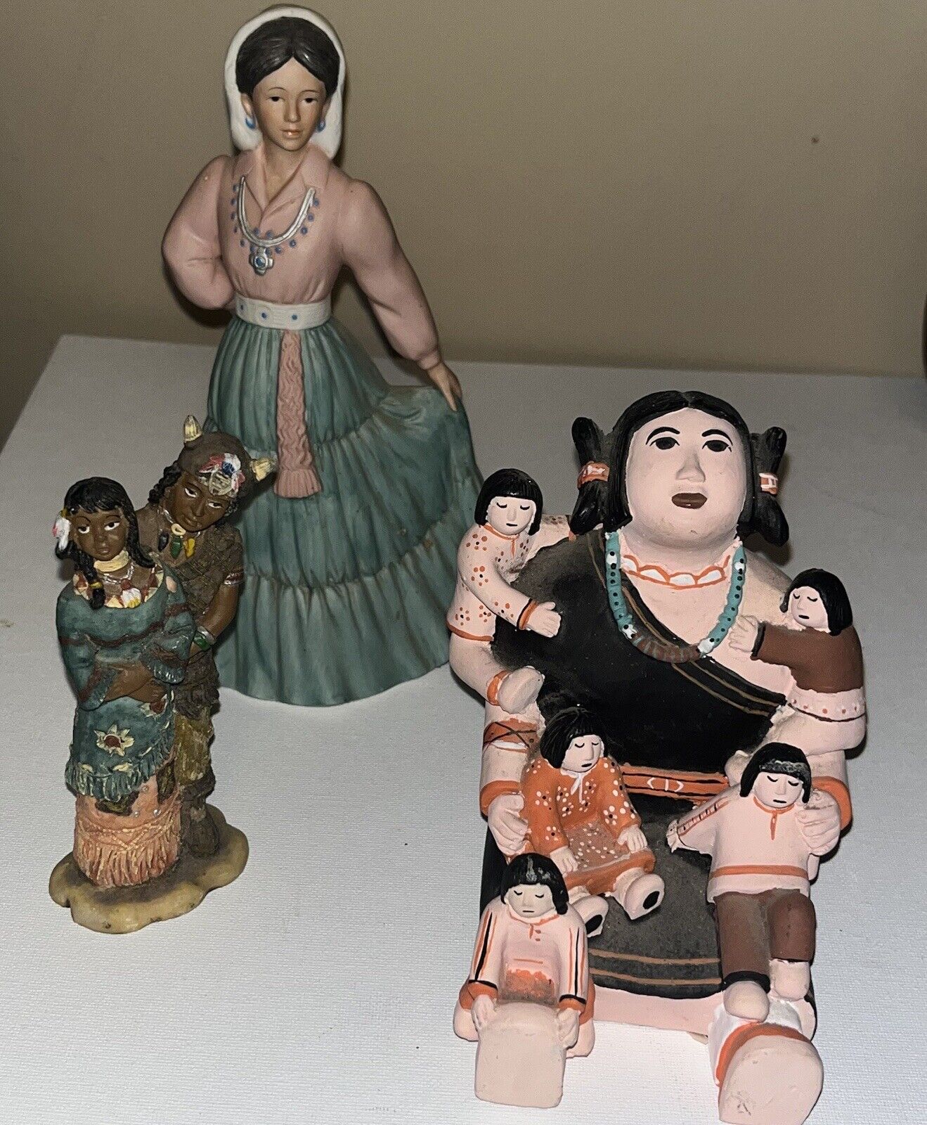 3 Vintage Native American Figurines Hopi Storyteller, Hisband Wife, Spanish Lady