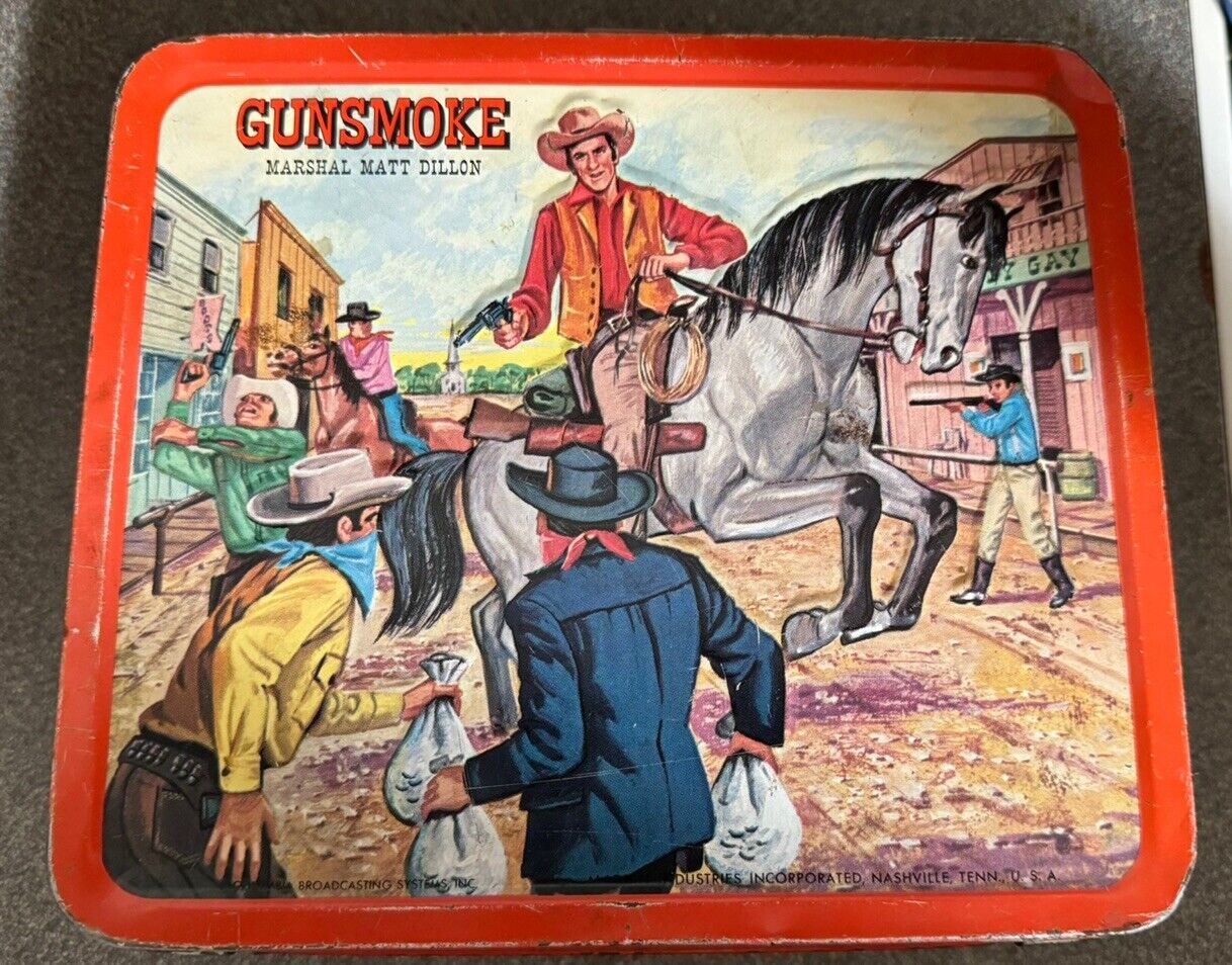 Vintage Gunsmoke Metal Lunchbox and Hopalong Cassidy Thermos 1950-60