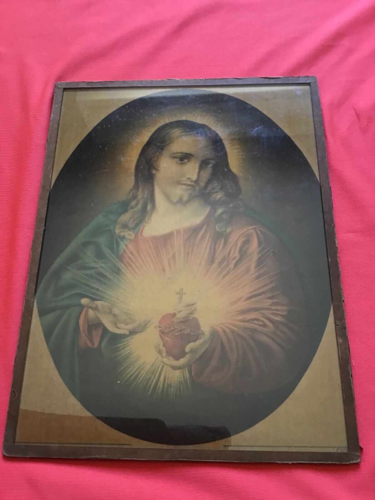 Antique  Sacred Heart of Jesus picture with glass protection 1920th very special