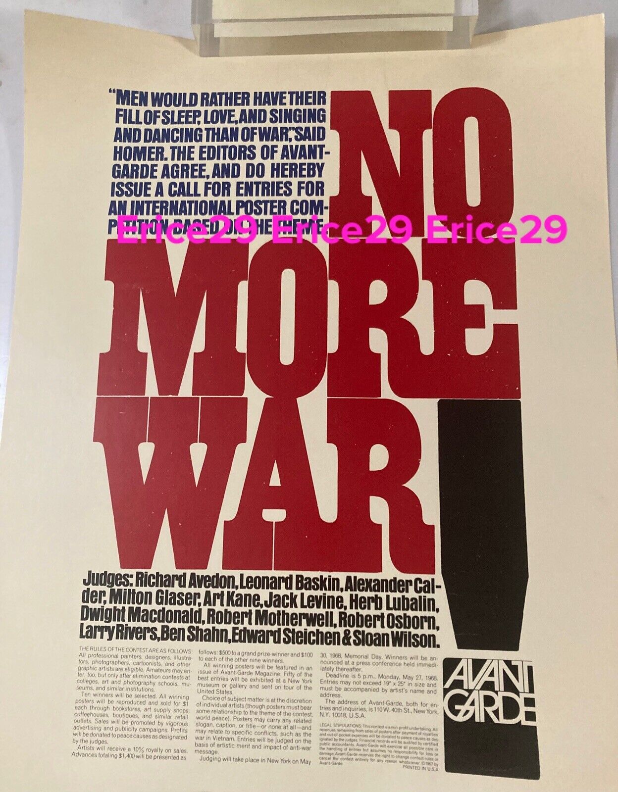 1967 Avant-Garde Magazine No More War Art Contest Antiwar Vietnam 19 x 25 Poster