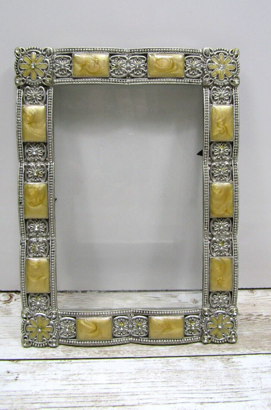 Vintage Heavy Picture Frame with filigree Amber color Enamel and Rhinestones