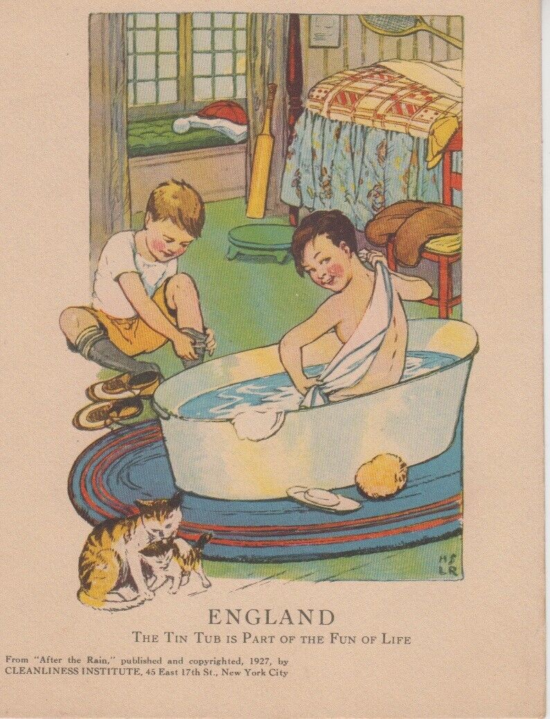 England 1927. The Tin Tub is Part of the Fun of Life. By Cleanliness Institute