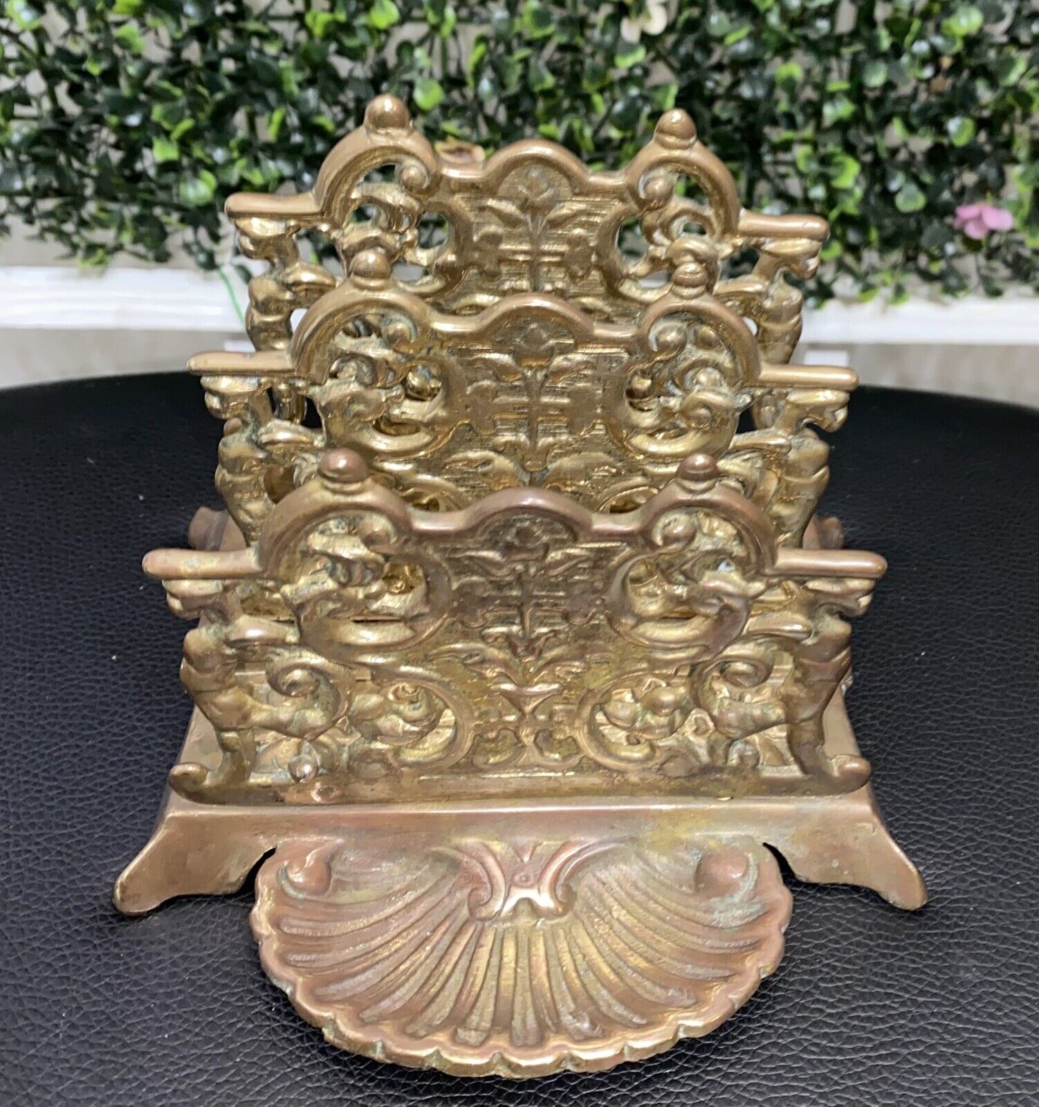 1920's Early English Brass Letter Rack Ornate with Claim Shaped Front