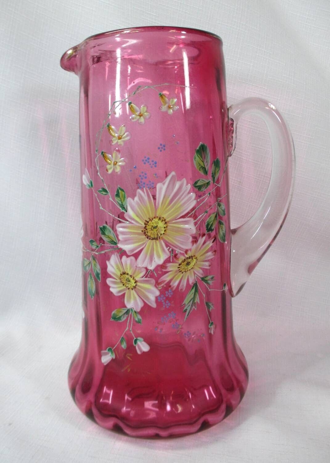 ANTIQUE ART GLASS TALL PITCHER W/ HAND-PAINTED FLOWERS & BUTTERFLY CLEAR HANDLE