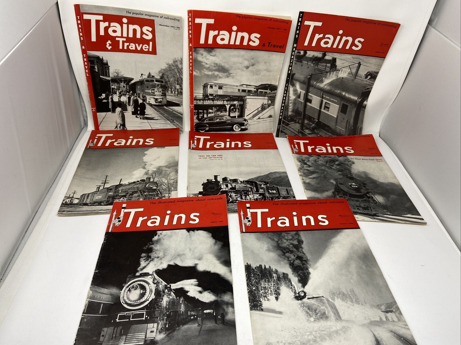 Trains & Travel Magazines 1950 & 1951 Lot of 8 Vintage Railroad Photos