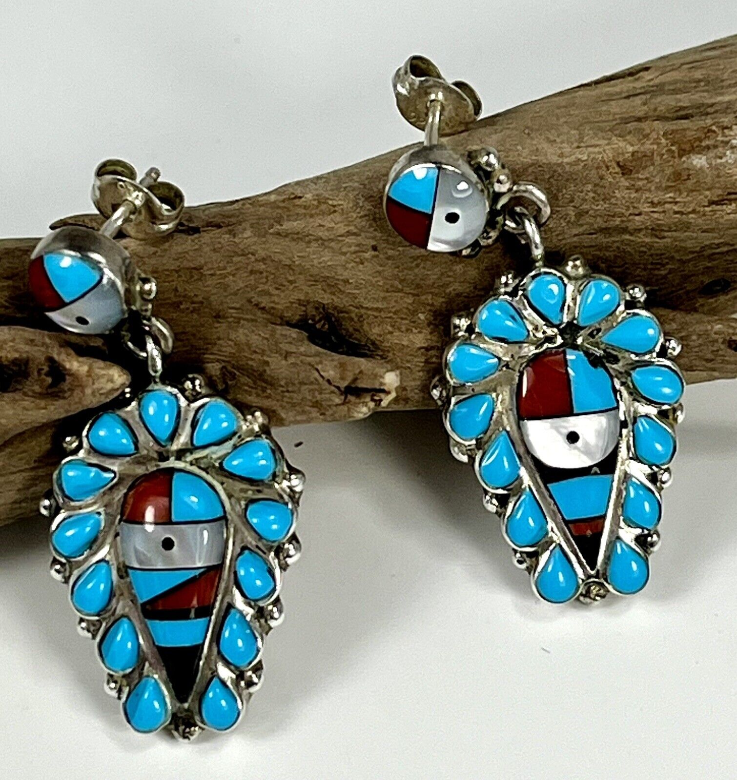 Vintage Michael R Rogers Paiute Sterling Silver Turquoise & Coral Earrings