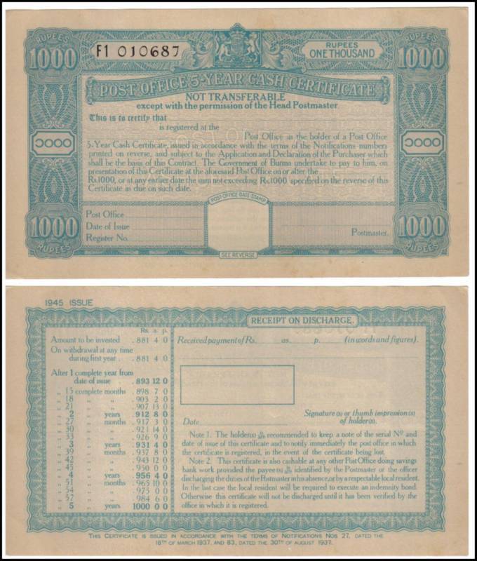 Burma Myanmar 1943-1950 Post saving bond 1.000 rup RARE