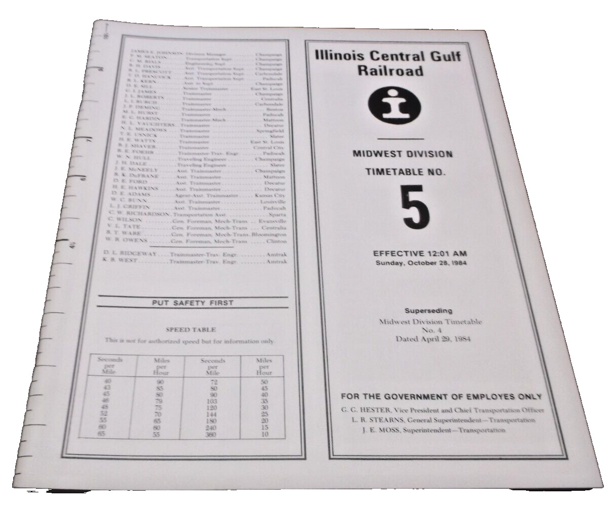 OCTOBER 1984 ICG ILLINOIS CENTRAL GULF MIDWEST DIVISION EMPLOYEE TIMETABLE #5