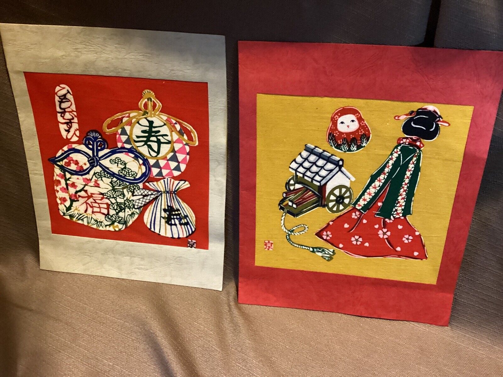 Pair Japanese WOODBLOCK PRINTS ON SILK - UNIQUE - COLORFUL - LOVELY