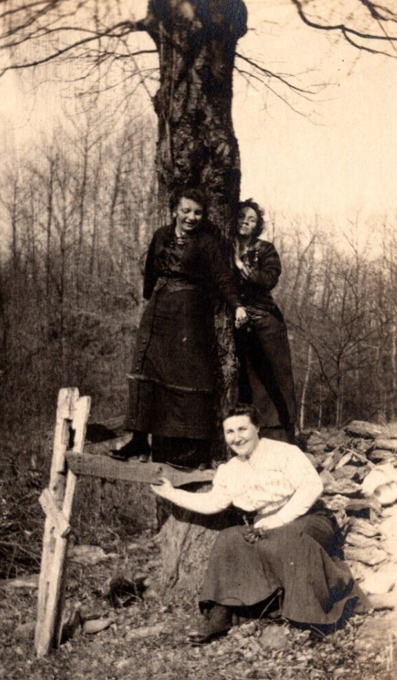 RPPC Women Standing On Boards Nailed To Tree Dangerous RARE ANTIQUE Postcard AZO