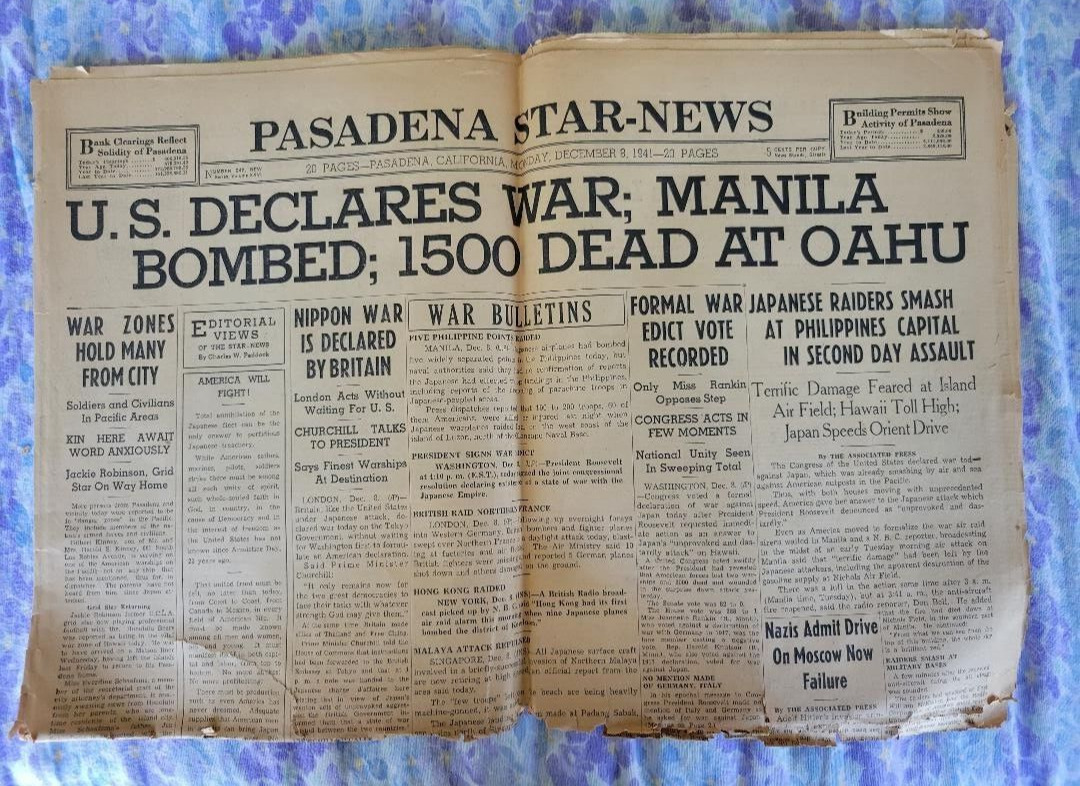 Dec. 8, 1941 , Japan Bombs Pearl Harbor, 1500 Dead in Hawaii, U.S. Declares War