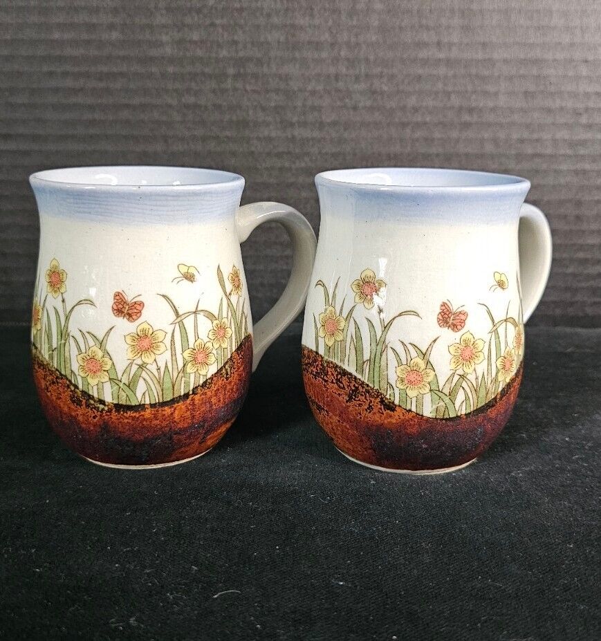 Vintage Otagiri Coffee Mug Set of 2 Butterflies & Floral Glazed Stoneware Mugs