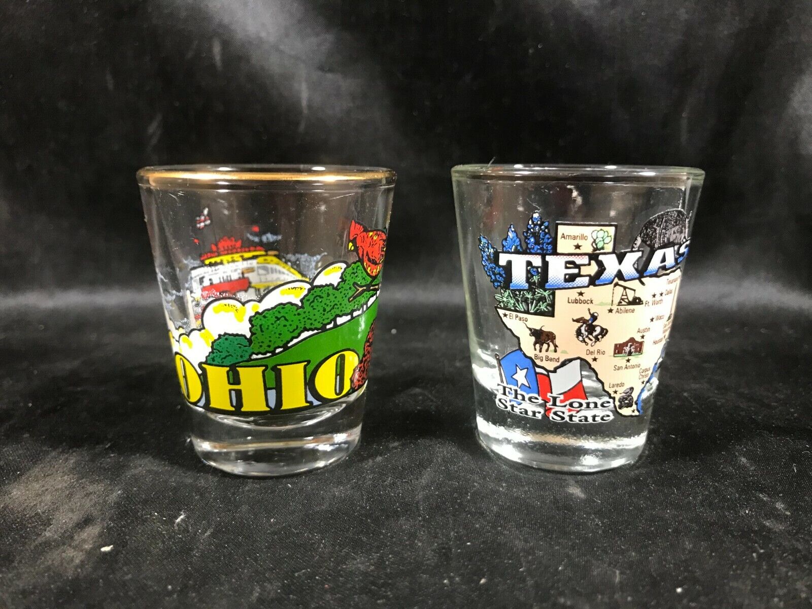 Pair of Vintage Souvenir Shot Glasses Ohio and Texas