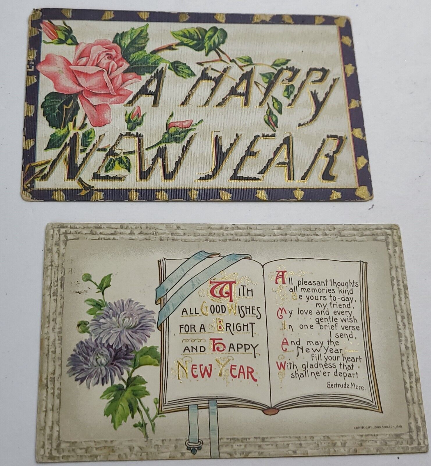 2 Vintage New Year Greetings Postcards Card Ephemera 1909 Rose Embossed