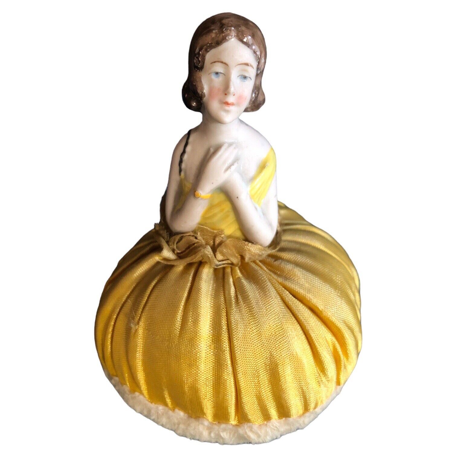 German Porcelain Half Doll Powder Puff Pin Cushion Yellow Dress