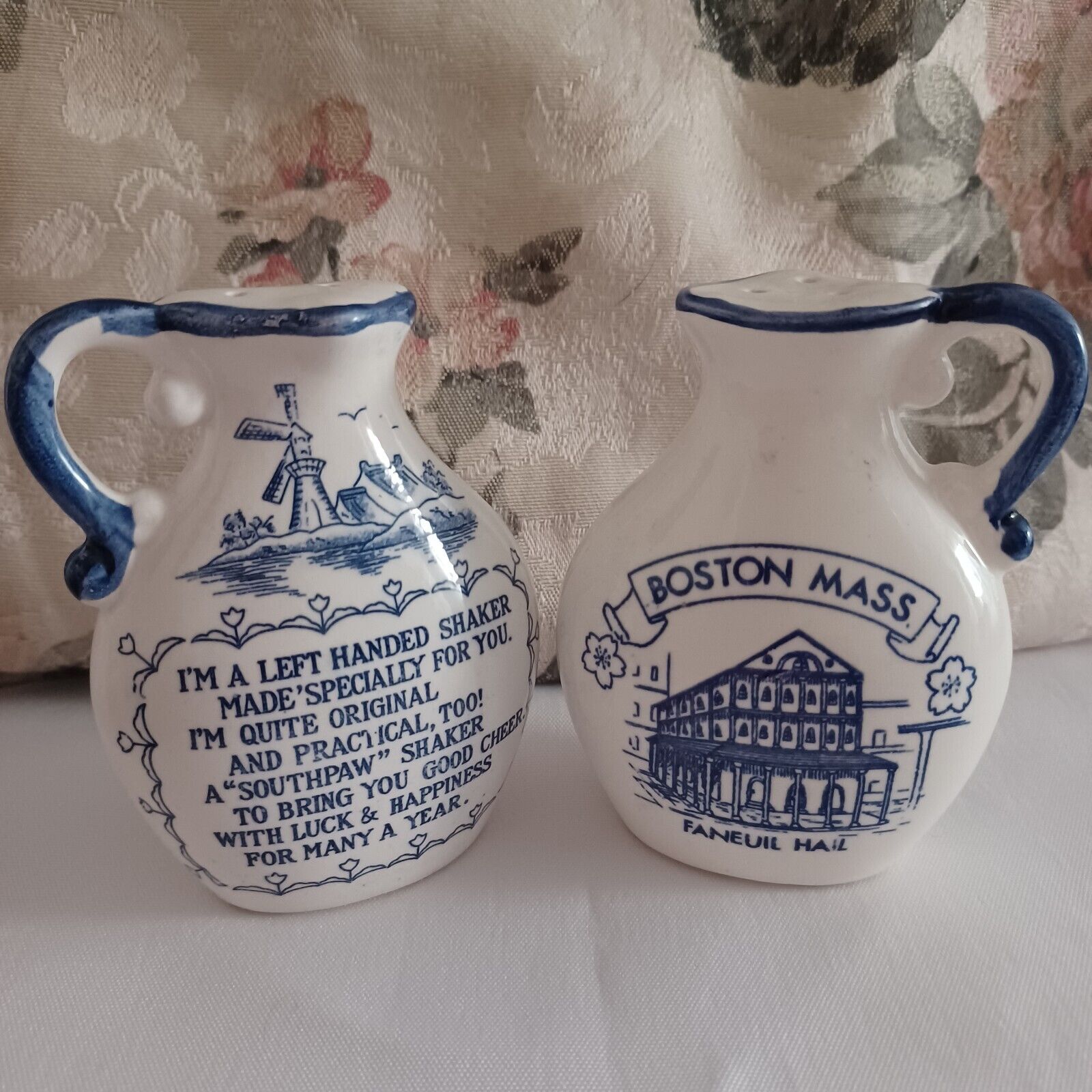 Vintage Left Handed Salt & Pepper Shakers Boston Mass Blue Delft Design Japan
