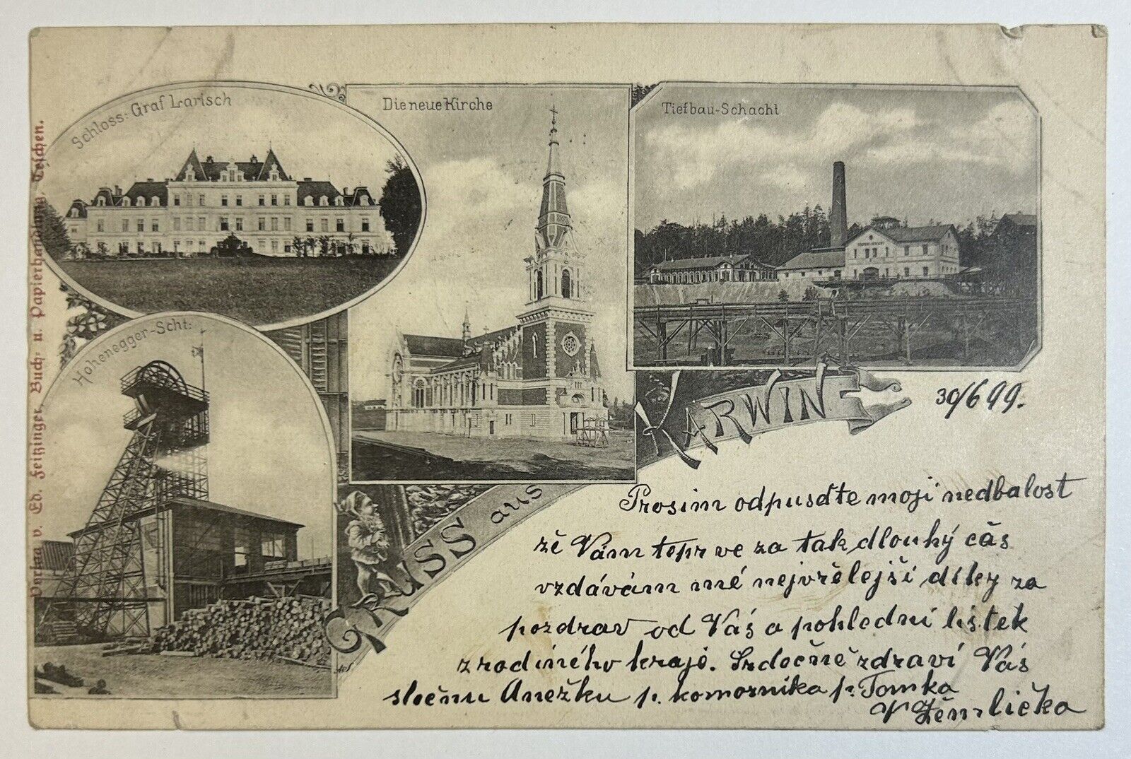 Gruss Aus Karwin Antique 1899 Postcard, Dieneue Kirche 