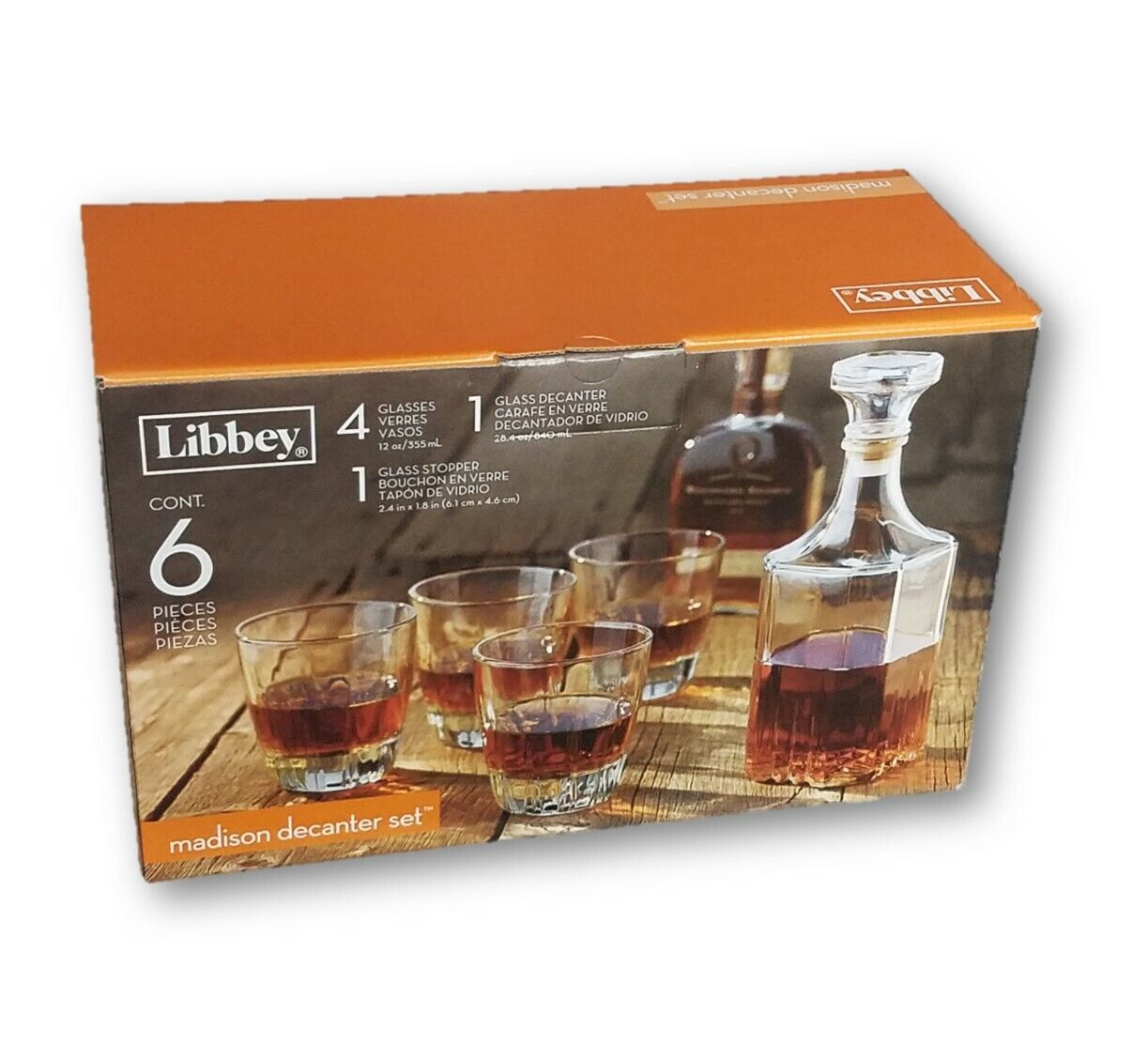 6-PC LIBBEY MADISION WHISKEY SET WITH GLASS DECANTER & 12 OZ WHISKY GLASSES NEW