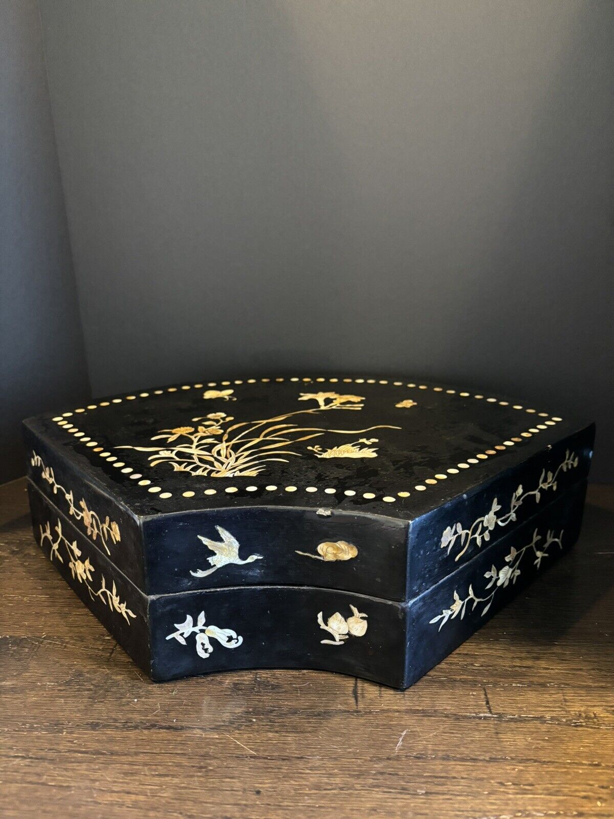 Large Japanese Black Lacquer Fan Shaped Box With Mother Of Pearl