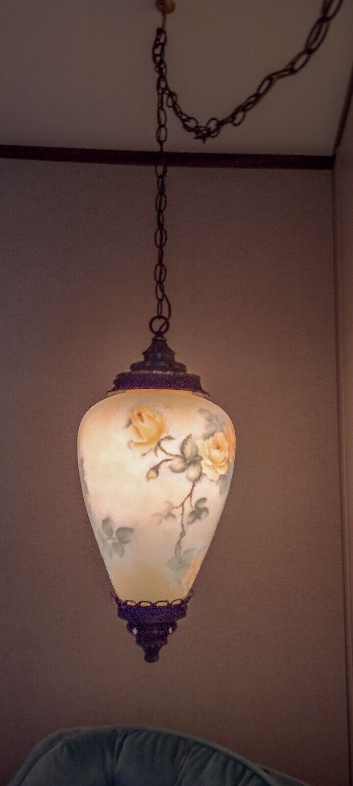 Patti King Hand Painted Floral Glass And Brass Vintage Hanging Swag Light
