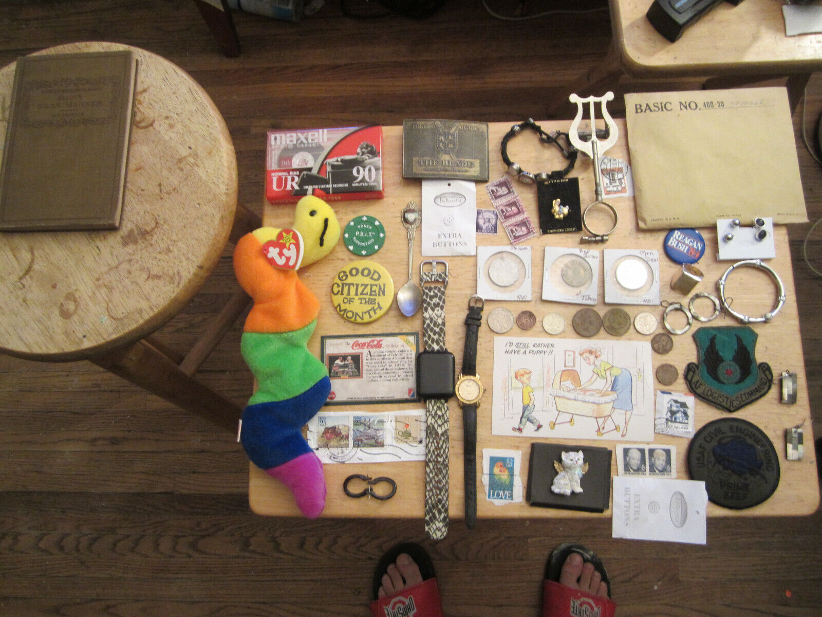 junk drawer lot old patch old GENEVE DIAMOND watch old book jewelry lot old coin