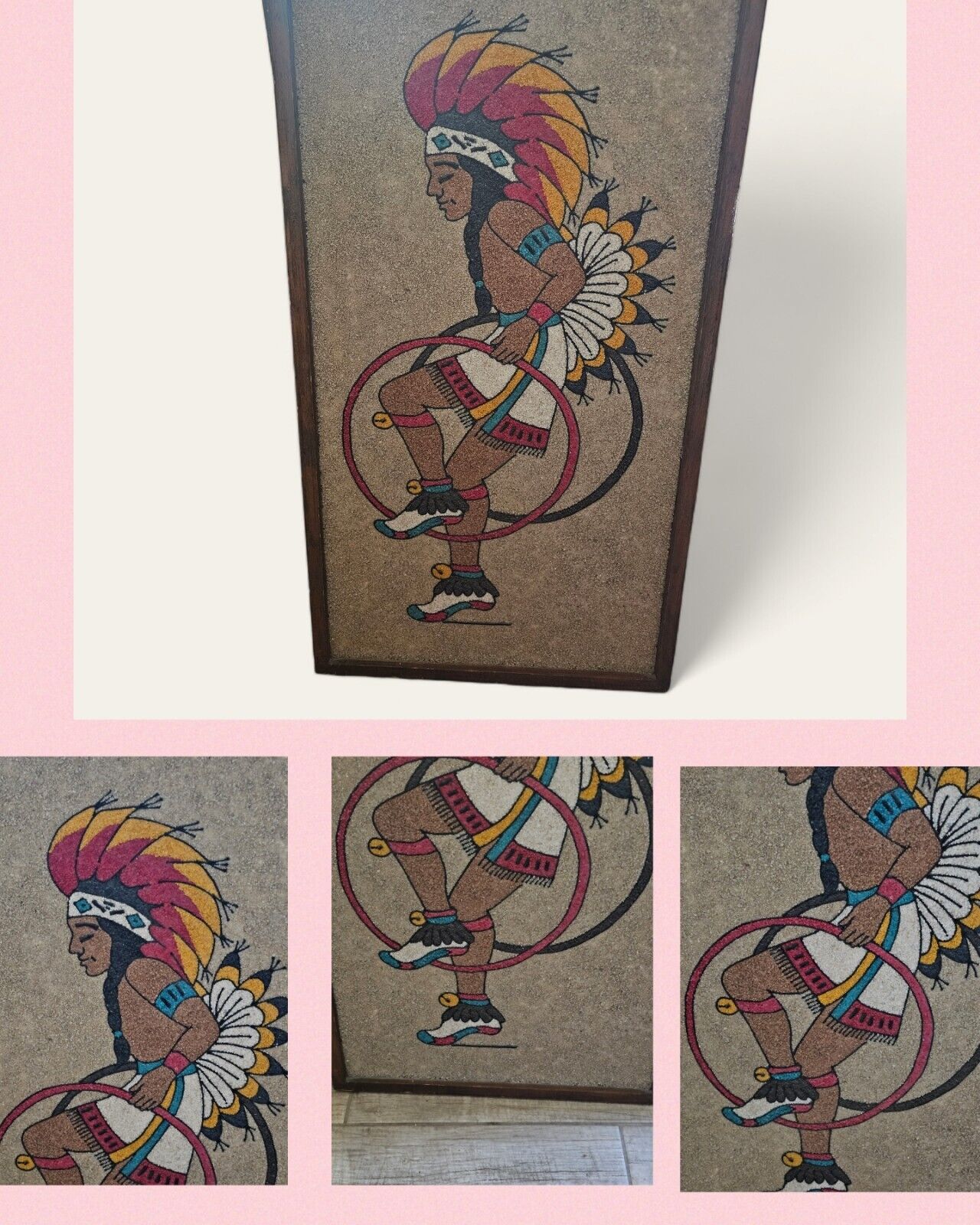 MCM Native American Indian Dancer Pebble Gravel Art Large Framed