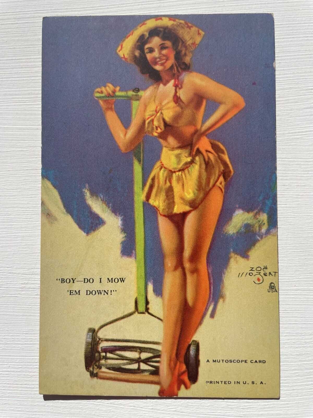 1940\'s Pinup Girl Picture Mutoscope Card-Zoe Mozert- I Mow Them Down