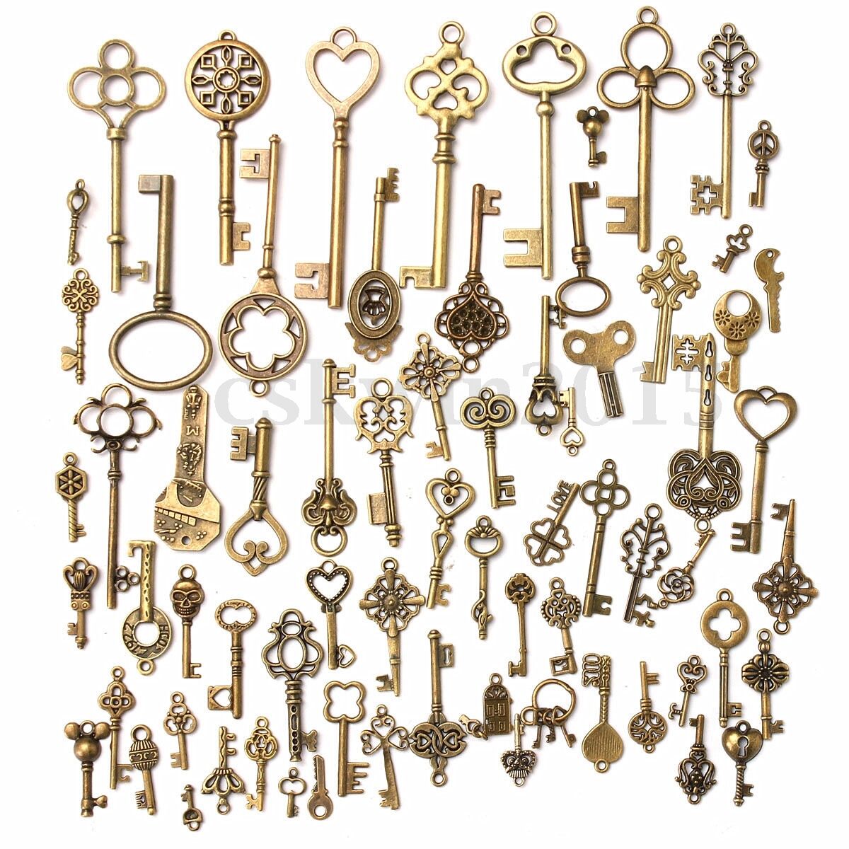 Set of 70 Antique Vintage Old Look Bronze Skeleton Keys Fancy Heart Bow Pendant