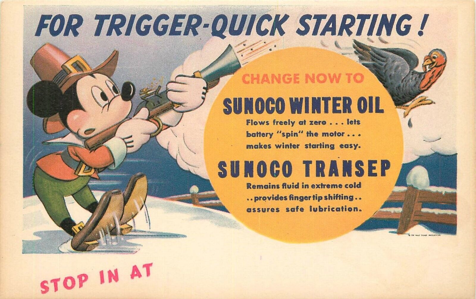 Postcard 1940s Disney Mickey Mouse Sunoco Oil advertising Gas Station 23-12241