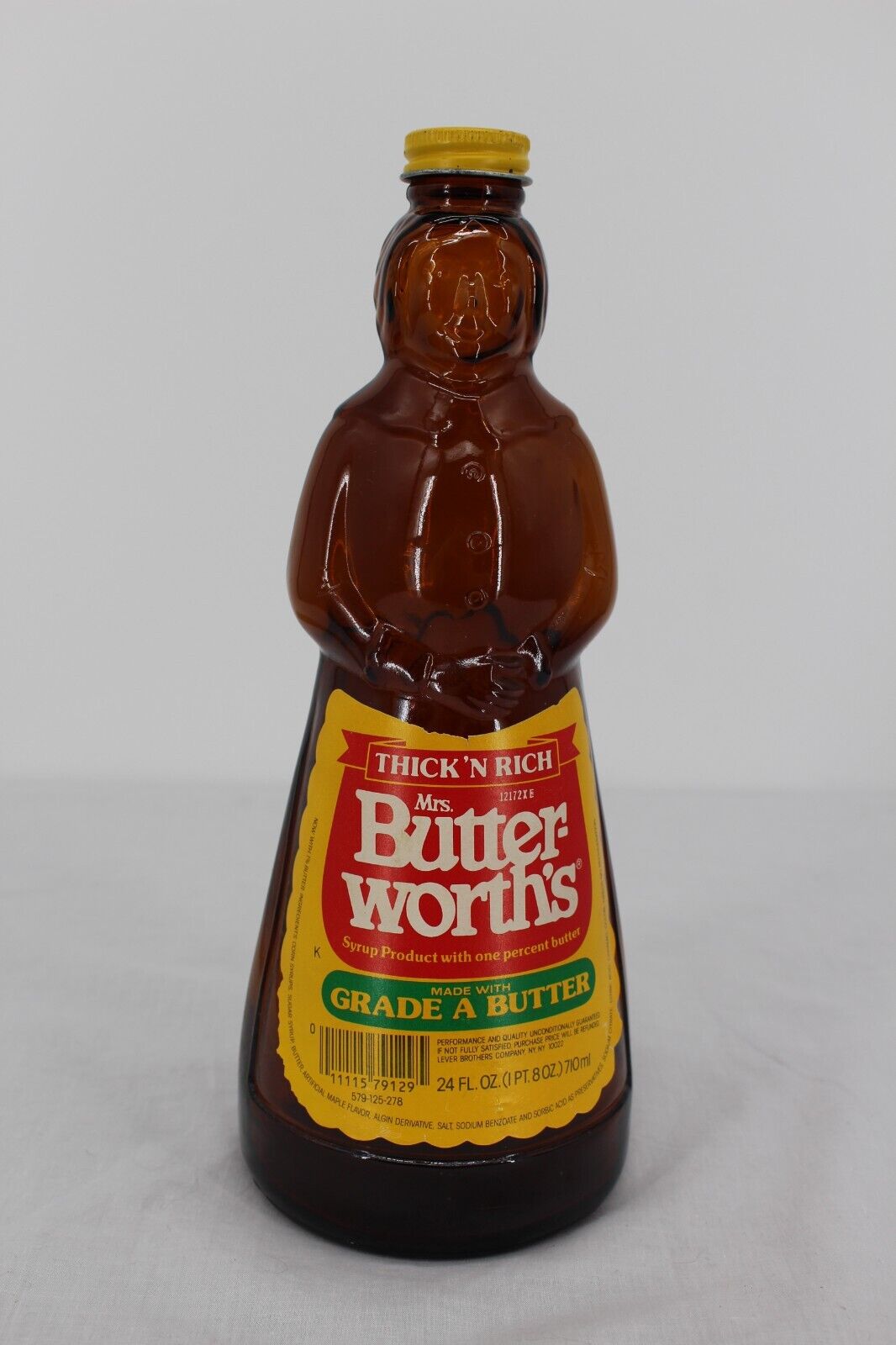 Vintage Mrs Butterworths Syrup Bottle 24 oz Brown Amber Glass 1982 Metal Lid